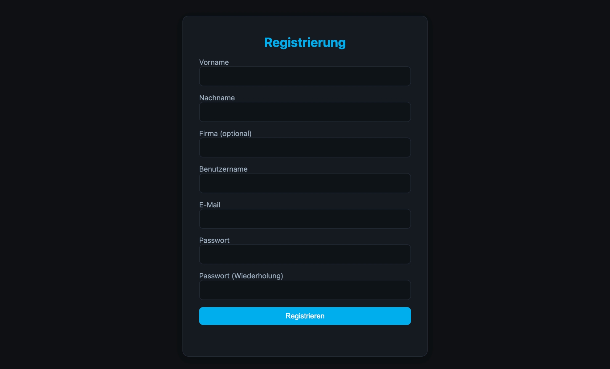 a registration form with fields for name company username email and passwords